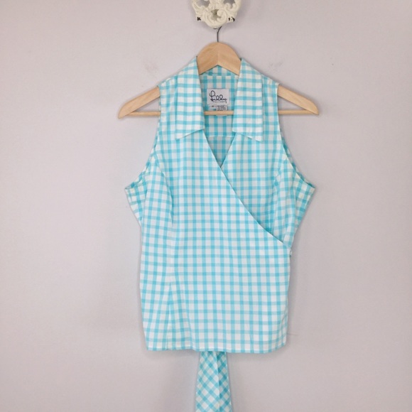 Lilly Pulitzer turquoise collared gingham wrap top - Picture 3 of 10